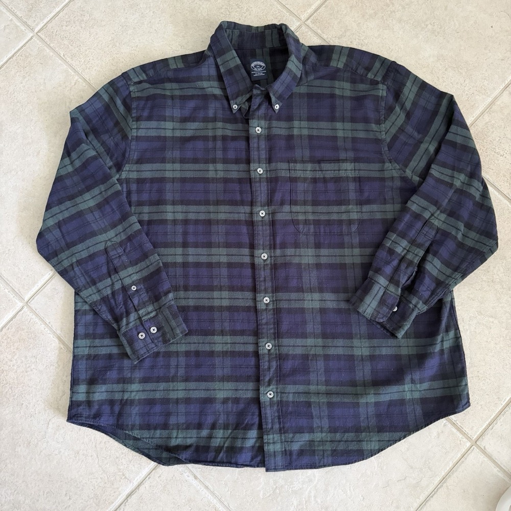Brooks Brothers Flannel Button Up Shirt Mens 2XL Blue & Green Plaid 100% Cotton